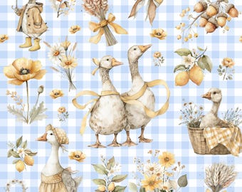Spring Seamless Pattern, Spring Digital Paper, Blue Gingham Goose Background, Easter Farmhouse Cottagecore Nursery Scrapbook JPEG Digital