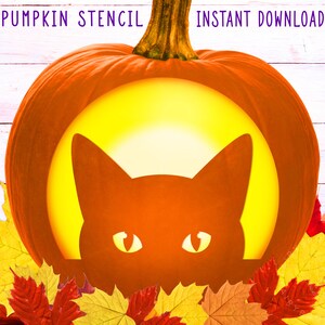 May include: An orange pumpkin carved with a cat silhouette, with autumn leaves around the base. The pumpkin has a yellow glow inside, with the text "PUMPKIN STENCIL INSTANT DOWNLOAD" at the top. A seasonal Halloween decoration.