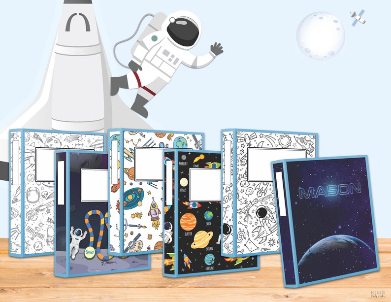May include: A collection of space-themed binders with various designs, including rockets, planets, and astronauts. One binder features the name "MASON" in a starry font. The binders have a light blue border and a white label area.