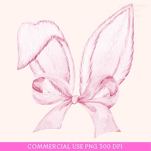 Hase PNG, Kokette Ostern, rosafarbene Hasenohren, Aquarell Osterhase, Clipart, Ostersublimation, Frohe Ostern PNG, rosa Schleife, Kaninchen Png