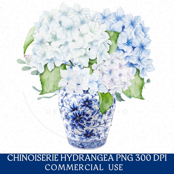 Chinoiserie PNG, Chinoiserie Hydrangea PNG Clipart, Chinoiserie Ginger Jar, Vintage Floral Watercolor, Grandmillennial, Blue Willow Style