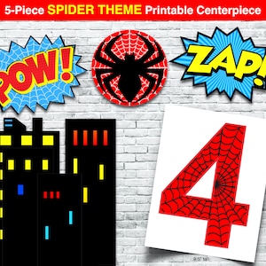 Puede incluir: Conjunto de cinco piezas de centro de mesa imprimible con una araña roja con una telaraña negra, un número cuatro rojo con una telaraña negra, un globo de diálogo de estilo cómic azul y amarillo "POW!", un globo de diálogo de estilo cómic azul y amarillo "ZAP!" y una silueta negra de un edificio de la ciudad con ventanas amarillas y rojas.