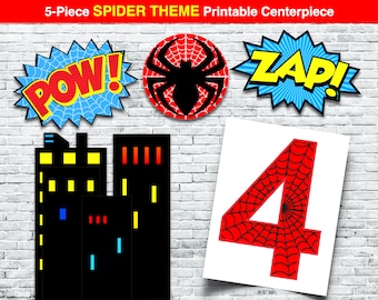 SPIDER Birthday Centerpiece NUMBER 4, Superhero Birthday, Spider Party Supplies, Spider Party Printable, Instant Download, Boy Superheroes