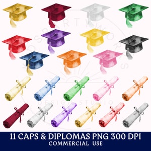 Birretes y diplomas de graduación en acuarela PNG, clipart de último año de 2025, 11 birretes y diplomas, uso comercial, promoción de 2025, graduado de secundaria PNG