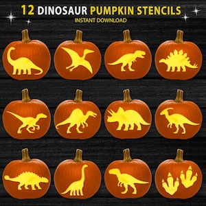 May include: Twelve orange pumpkins with dinosaur stencils carved into them. The stencils are in yellow and include various dinosaur silhouettes. The text "12 DINOSAUR PUMPKIN STENCILS" and "INSTANT DOWNLOAD" are at the top.