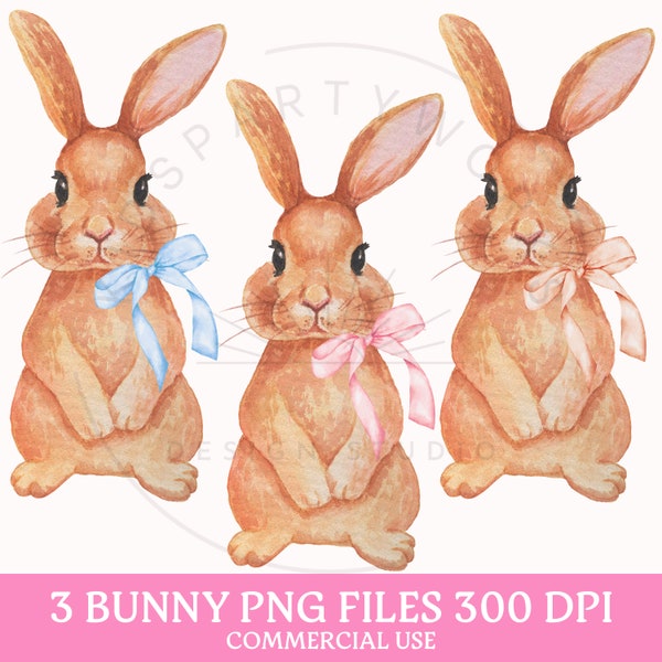 Bunny PNG, Watercolor Easter Bunny, Bunny Clipart, Easter Sublimation, Coquette Easter, Happy Easter PNG, Pink Bow Aesthetic, Preppy PNG