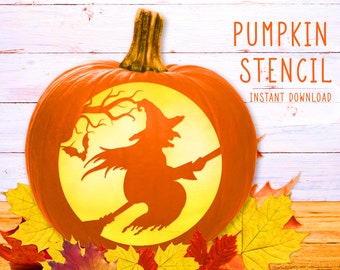 Flying Witch Pumpkin Stencil, Halloween Witch On Broom, Cat Bats PRINTABLE Stencil, Jack O' Lantern Pumpkin Carving Template, Digital File