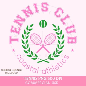 May include: Pink and green logo design for a tennis club. The logo features a tennis racket, a tennis ball, and a laurel wreath. The text "Tennis Club" is written in a pink font, and the text "coastal athletics" is written in a green font.