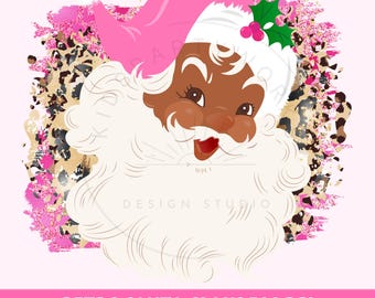 Père Noël noir Png, Père Noël rose PNG, Noël rose Png, Père Noël rétro imprimé léopard, Noël Png, Png vacances, Noël sublimation Design