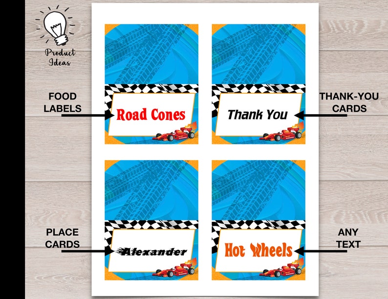 Puede incluir: Etiquetas y tarjetas de fiesta imprimibles con tem&aacute;tica de coches de carreras. Las etiquetas incluyen texto como "Road Cones", "Thank You", "Alexander" y "Hot Wheels". Cada etiqueta tiene un fondo azul con huellas de neum&aacute;ticos, un borde de bandera a cuadros y un coche de carreras rojo.