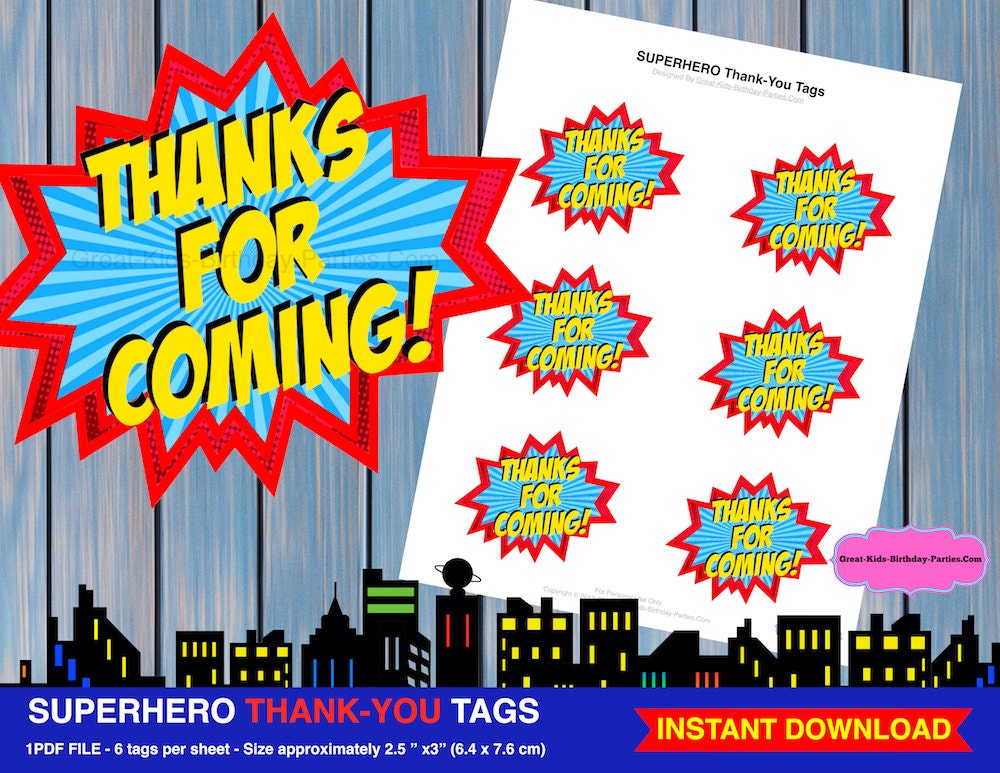 Superhero Thank-You Tags, Superhero Printables, Superhero Party, Superhero Birthday