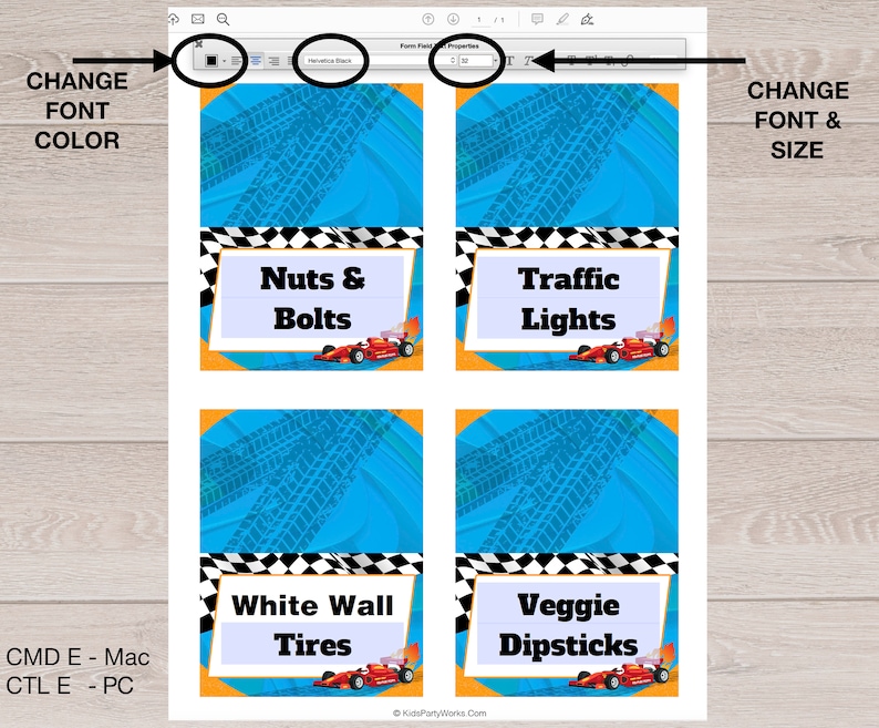 Puede incluir: Cuatro etiquetas de comida para fiestas con tem&aacute;tica de carreras. Cada etiqueta tiene un fondo azul con huellas de neum&aacute;ticos, un borde a cuadros y un coche de carreras rojo. Las etiquetas dicen "Nuts & Bolts", "Traffic Lights", "White Wall Tires" y "Veggie Dipsticks".