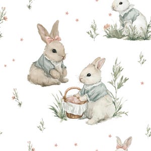 May include: Watercolor illustration featuring several bunnies in a repeating pattern. The bunnies are light brown and white, wearing blue jackets and holding a basket. Pink flowers and green foliage are scattered across the white background.