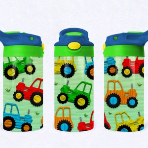 May include: Three green and blue water bottles with a straw and a tractor pattern. The tractors are red, yellow, green, and blue.