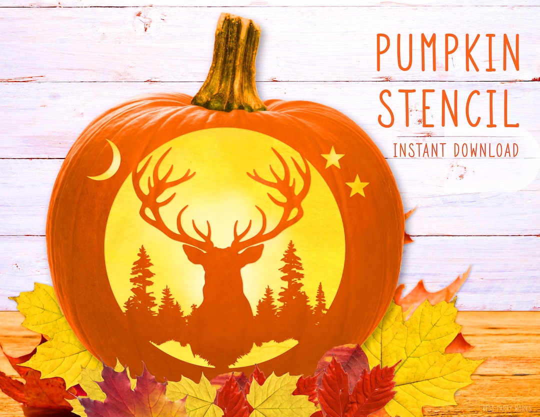Deer Pumpkin Stencil, Deer Pine Trees Printable Stencil, Jack O ...