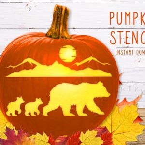 Estêncil de urso e abóbora, Estêncil para impressão de mamãe ursa, Lanterna de abóbora, Modelo para escultura de abóbora, Halloween, Estêncil de abóbora de filhotes de urso, Digital