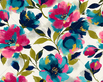 Watercolor Floral Seamless Pattern JPG, Pink Teal Navy Floral Pattern, Bold Flower Fabric Pattern, Trendy Digital Download Design