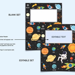 May include: Two space-themed binder covers with planets, rockets, and an astronaut on a black background. One cover is labeled "BLANK SET" and the other "EDITABLE SET" with a text box for customization. The design includes the sun, planets, and stars.