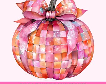 Disco Pumpkin Png, Coquette Pink Pumpkin, Pink Bow Png, Shirt Sublimation Design, Instant Download Pumpkin Clipart, Disco Ball Halloween Png