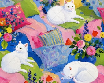 Impasto Cat Seamless Pattern JPG, Colorful Painterly Floral Fabric Design, Brushstroke Cats Preppy Maximalist Decor Digital Download