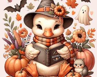 May include: A whimsical illustration of a duck wearing a witch hat and plaid scarf, reading a book with the word "HALLOWEEN" on it. Pumpkins, autumn leaves, a ghost, a bat, and a cat surround the duck, creating a festive Halloween theme.