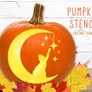 Cat Pumpkin Stencil, PRINTABLE Pumpkin Stencil, Jack O' Lantern, Pumpkin Carving Stencil, Cat and Moon Pumpkin Stencil, Instant Download