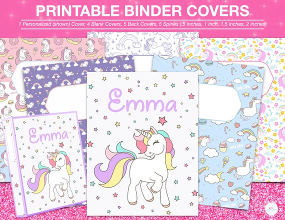 Printable BINDER COVERS-Unicorn Theme Set of 6 Kids SCHOOL Binder Covers, 1 Personalized Cover 8.5x11 in., Back to School Supplies, Digital Il_570xn