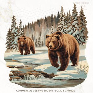 May include: Two brown bears walk through a snowy forest with a small stream in the foreground. The trees are covered in snow and the ground is covered in white snow.