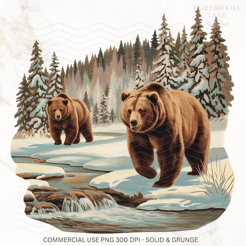 May include: Two brown bears walk through a snowy forest with a small stream in the foreground. The trees are covered in snow and the ground is covered in white snow.