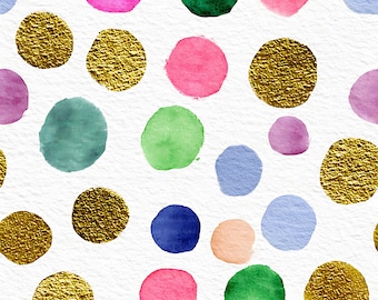 Watercolor Dots Seamless Pattern JPG, Gold Polka Dot Digital Paper, Colorful Confetti Repeat, Abstract Fabric Pattern Digital Download