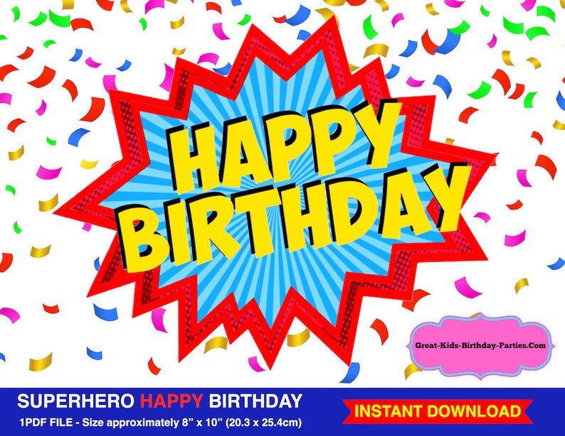 Superhero Content Birthday Indicator, Superhero Printables, Superhero Bash, Superhero Decorations, Superhero Phrase Bubble graphic regarding Happy Birthday Sign Printable titled Superhero Satisfied Birthday Signal, Superhero Printables, Superhero Celebration, Superhero Decorations, Superhero Term Bubble