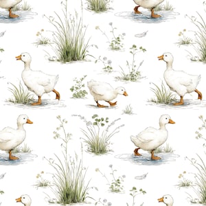 May include: A repeating pattern featuring white ducklings with orange beaks and feet, walking through shallow water. The background includes watercolor illustrations of grass, wildflowers, and a single feather, all on a white background.