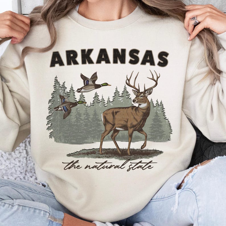 Arkansas PNG, Arkansas State Shirt Png, Retro Deer Wilderness Sweatshirt Png, Retro Animal Wildlife Boho 90s Nostalgia, The Natural State image 2