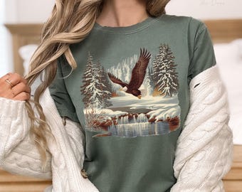 Eagle PNG, Retro Bald Eagle Wilderness Scene 90s Sweatshirt Png, Wildlife Nature Camping, Boho 90s Nostalgia Birds Of Prey Forest Nature Png