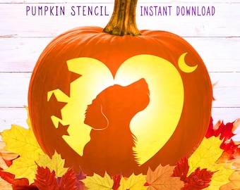May include: An orange pumpkin stencil design with a dog silhouette inside a heart shape, stars, and a crescent moon. The words "PUMPKIN STENCIL" and "INSTANT DOWNLOAD" are at the top. Autumn leaves surround the pumpkin, creating a fall theme.