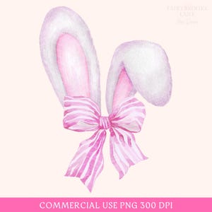 Bunny PNG, Coquette Easter, Pink Bunny Ears, Watercolor Easter Bunny, Clipart, Easter Sublimation, Happy Easter PNG, Pink Bow, Rabbit Png