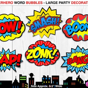 Superhero Comic Bubbles, Superhero Decorations, Superhero Birthday, Superhero Party, Superhero Printables, Superhero Words, Party Sign