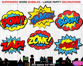 Superhero Comic Bubbles, Superhero Decorations, Superhero Birthday, Superhero Party, Superhero Printables, Superhero Words, Party Sign