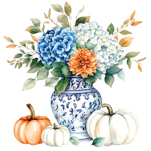 May include: Watercolor illustration of a blue and white patterned vase filled with blue and white hydrangeas, orange dahlia, and green leaves. Three pumpkins in shades of orange and white are at the base.