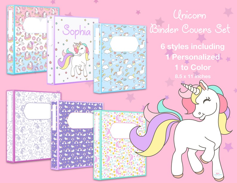 printable binder covers unicorn theme set of 6 kids school