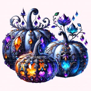 May include: Three decorative pumpkins with intricate jewel-toned embellishments. The pumpkins feature ornate designs with purple, orange, and blue gems. The pumpkins have curved stems and are set against a white background.