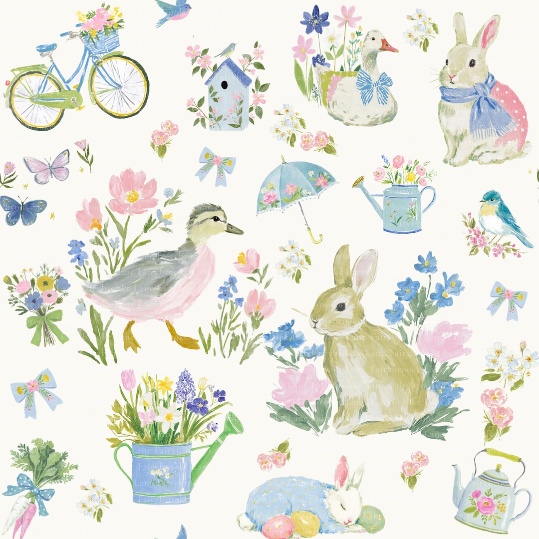 Easter Seamless Pattern, Watercolor Bunny Duckling Spring Digital Paper ...