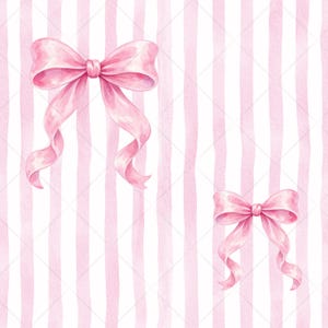 May include: Watercolor illustration of two pink bows on a white background with pink vertical stripes. The bows have long, flowing ribbons and are in different sizes. The background stripes are uneven and add a hand-painted feel.
