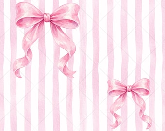 Watercolor Pink Bow Seamless Pattern JPG Coquette Striped Pattern Feminine Ribbon Print Soft Girly Fabric Patterns Design Digital Download
