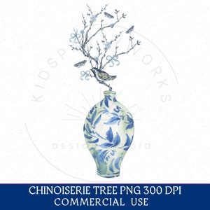 Chinoiserie PNG, Chinoiserie Tree PNG Clipart, Chinoiserie Ginger Jar, Vintage Watercolor, Bird And Butterflies, Grandmillennial, Blue White