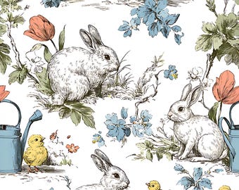 Wzór w stylu vintage z króliczkiem i kurczaczkami, cyfrowy papier z bajką o wielkanocnym króliczku, powtarzające się kwiaty wiosenne, tło do pokoju dziecięcego w stylu rustykalnym