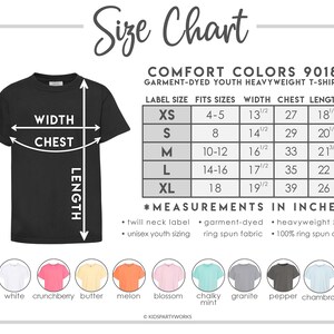 May include: Size chart for youth heavyweight t-shirts in various colors. The chart shows label size, fits sizes, width, chest, and length in inches. Colors include white, crunchberry, butter, melon, blossom, chalky mint, granite, pepper, and chambray.