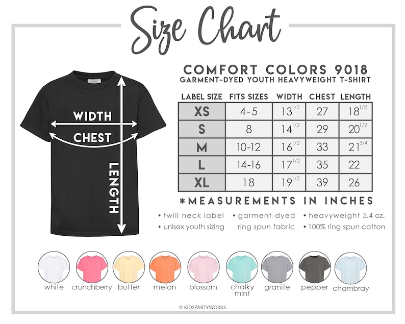 May include: Size chart for youth heavyweight t-shirts in various colors. The chart shows label size, fits sizes, width, chest, and length in inches. Colors include white, crunchberry, butter, melon, blossom, chalky mint, granite, pepper, and chambray.