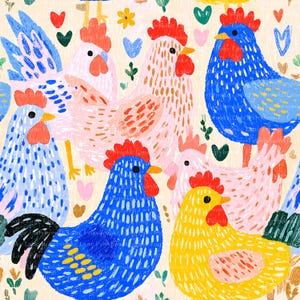 May include: A whimsical illustration featuring a pattern of colorful chickens. The chickens are depicted in various shades of blue, pink, and yellow, with red combs and beaks. The background is a light beige, adorned with hearts and floral accents.