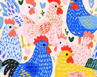 Chicken Pattern, Spring Seamless Pattern Digital Paper for Kids Fabric, Colorful Folk Art Hen Rooster Farmhouse Country Kitchen JPG Digital